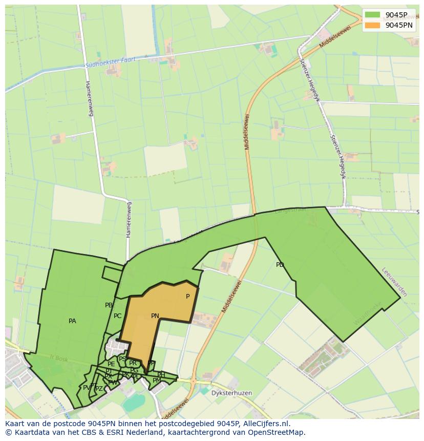 Afbeelding van het postcodegebied 9045 PN op de kaart.