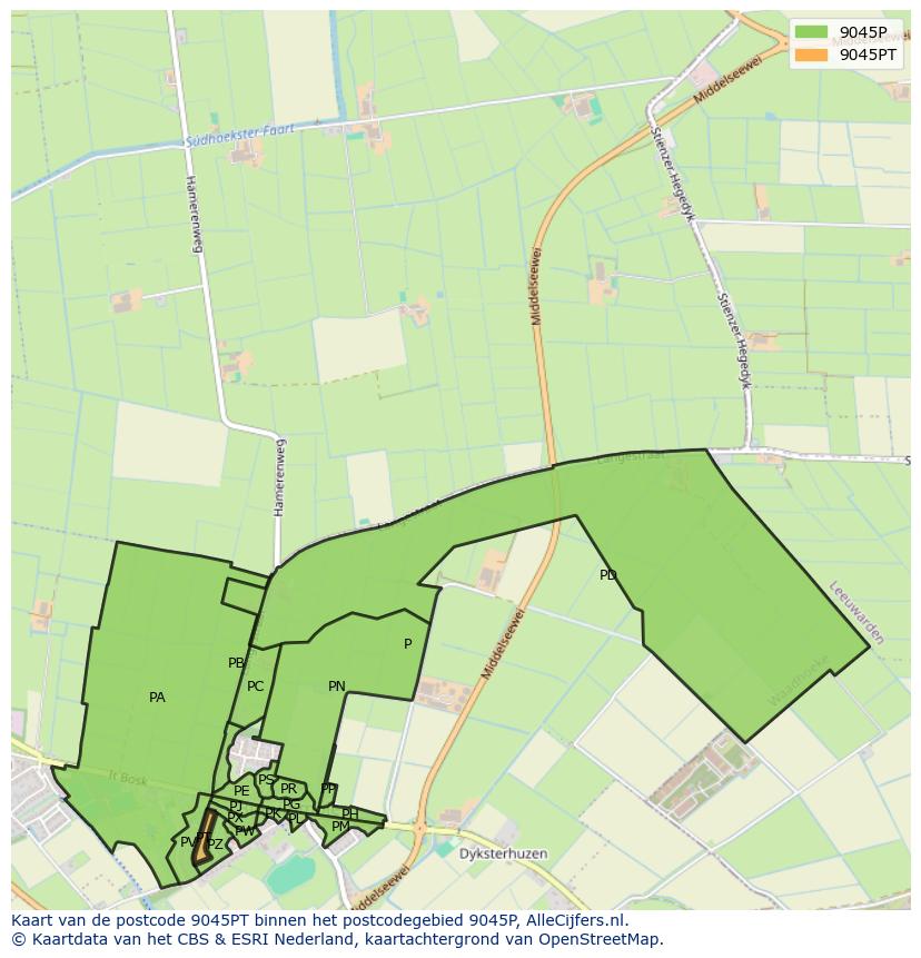Afbeelding van het postcodegebied 9045 PT op de kaart.