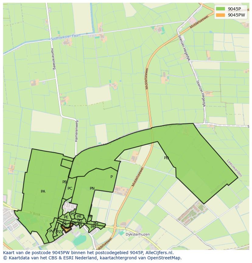 Afbeelding van het postcodegebied 9045 PW op de kaart.