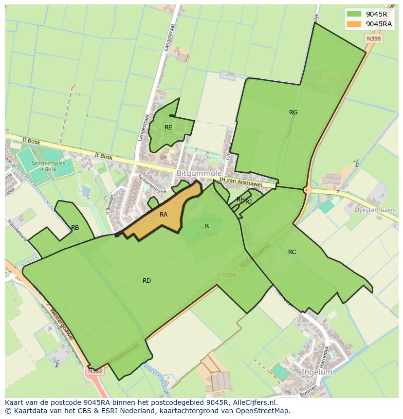 Afbeelding van het postcodegebied 9045 RA op de kaart.