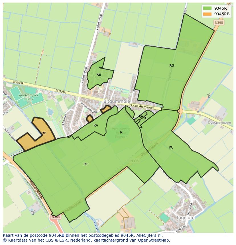 Afbeelding van het postcodegebied 9045 RB op de kaart.