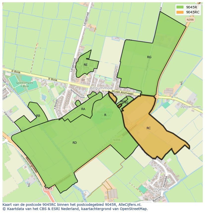 Afbeelding van het postcodegebied 9045 RC op de kaart.
