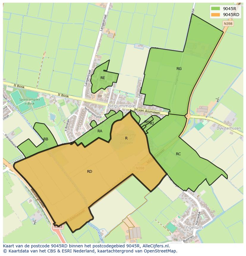 Afbeelding van het postcodegebied 9045 RD op de kaart.