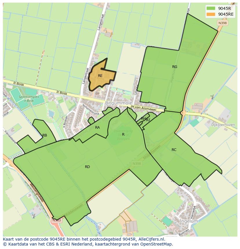Afbeelding van het postcodegebied 9045 RE op de kaart.