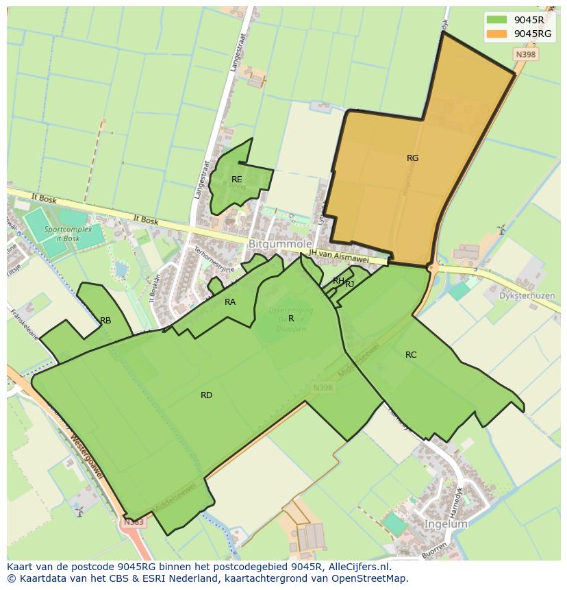 Afbeelding van het postcodegebied 9045 RG op de kaart.