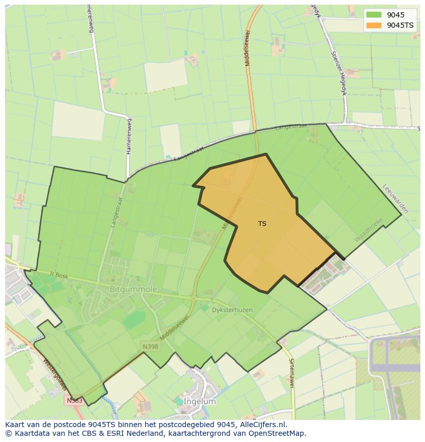 Afbeelding van het postcodegebied 9045 TS op de kaart.