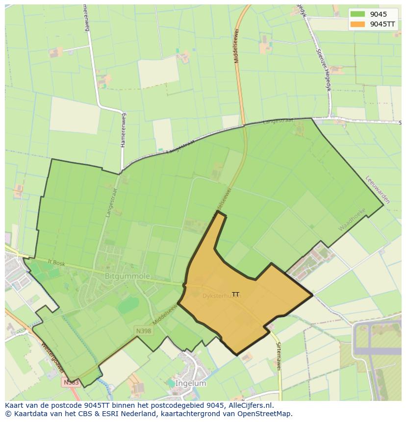 Afbeelding van het postcodegebied 9045 TT op de kaart.