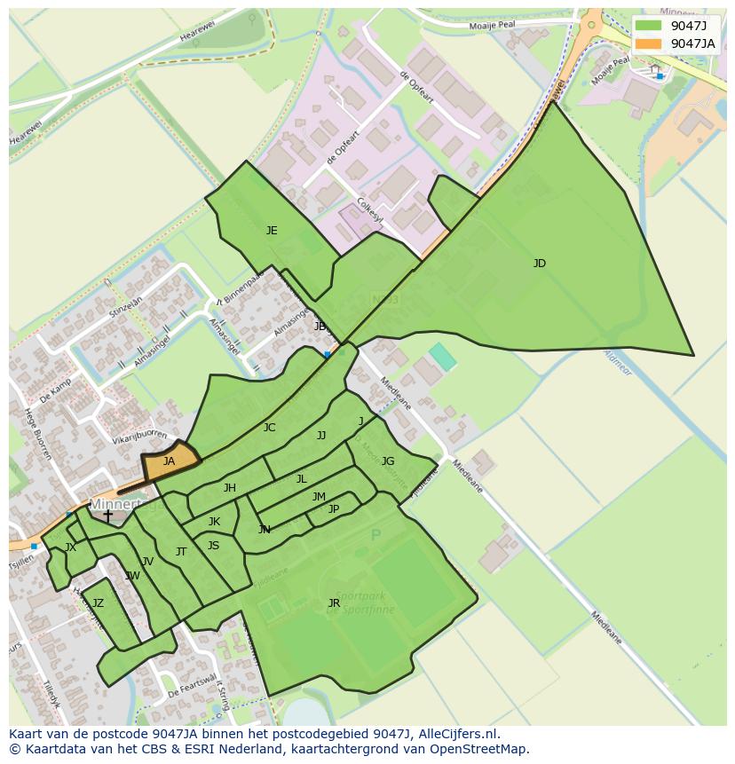 Afbeelding van het postcodegebied 9047 JA op de kaart.