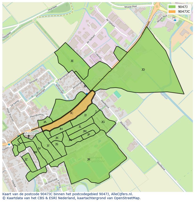 Afbeelding van het postcodegebied 9047 JC op de kaart.