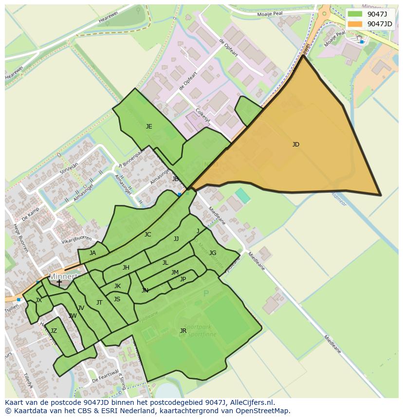 Afbeelding van het postcodegebied 9047 JD op de kaart.
