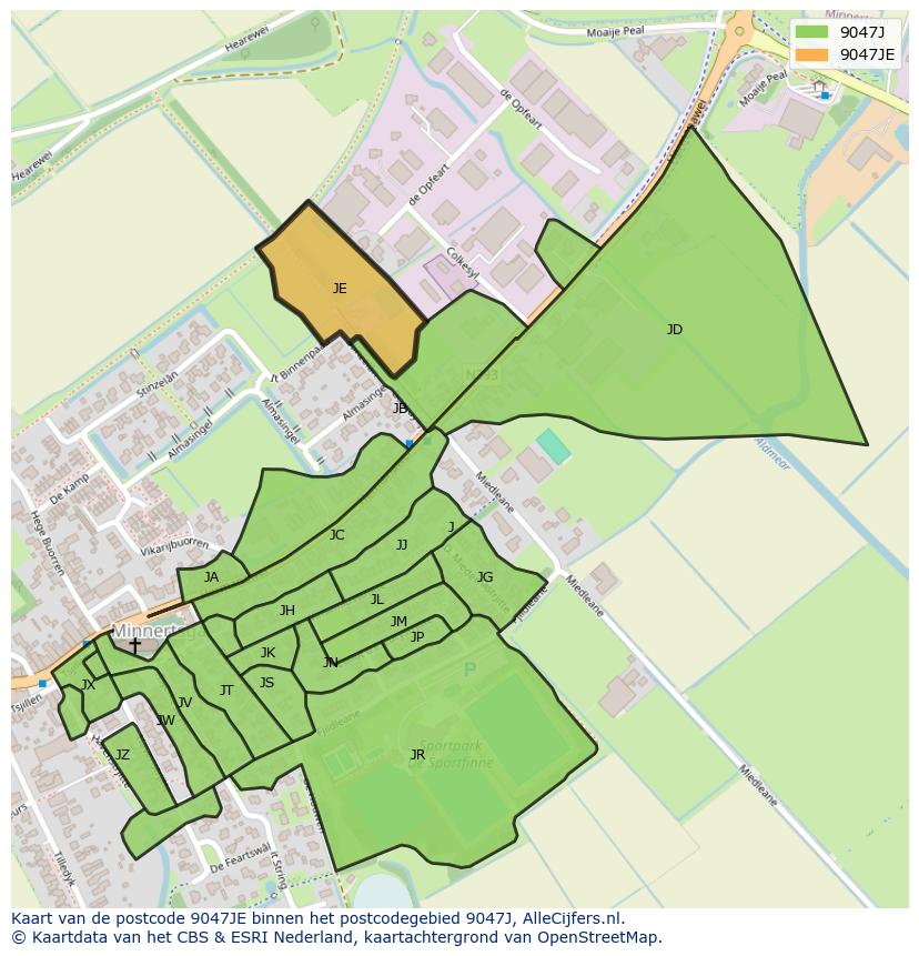 Afbeelding van het postcodegebied 9047 JE op de kaart.