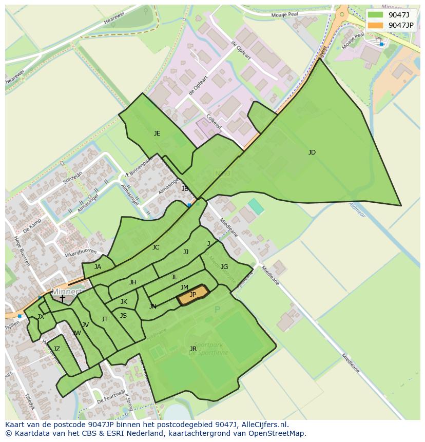 Afbeelding van het postcodegebied 9047 JP op de kaart.