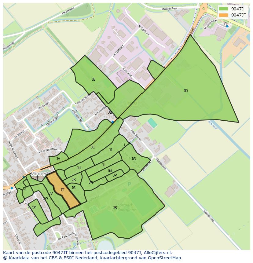 Afbeelding van het postcodegebied 9047 JT op de kaart.