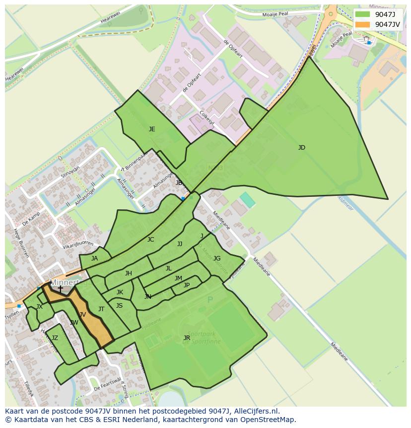 Afbeelding van het postcodegebied 9047 JV op de kaart.