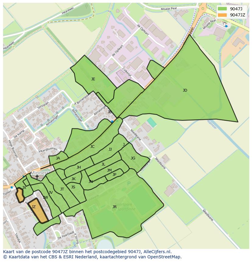 Afbeelding van het postcodegebied 9047 JZ op de kaart.