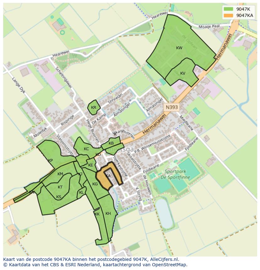 Afbeelding van het postcodegebied 9047 KA op de kaart.
