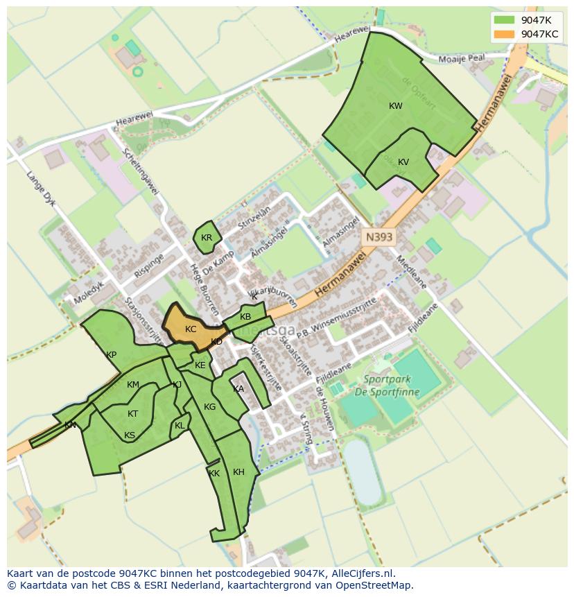 Afbeelding van het postcodegebied 9047 KC op de kaart.