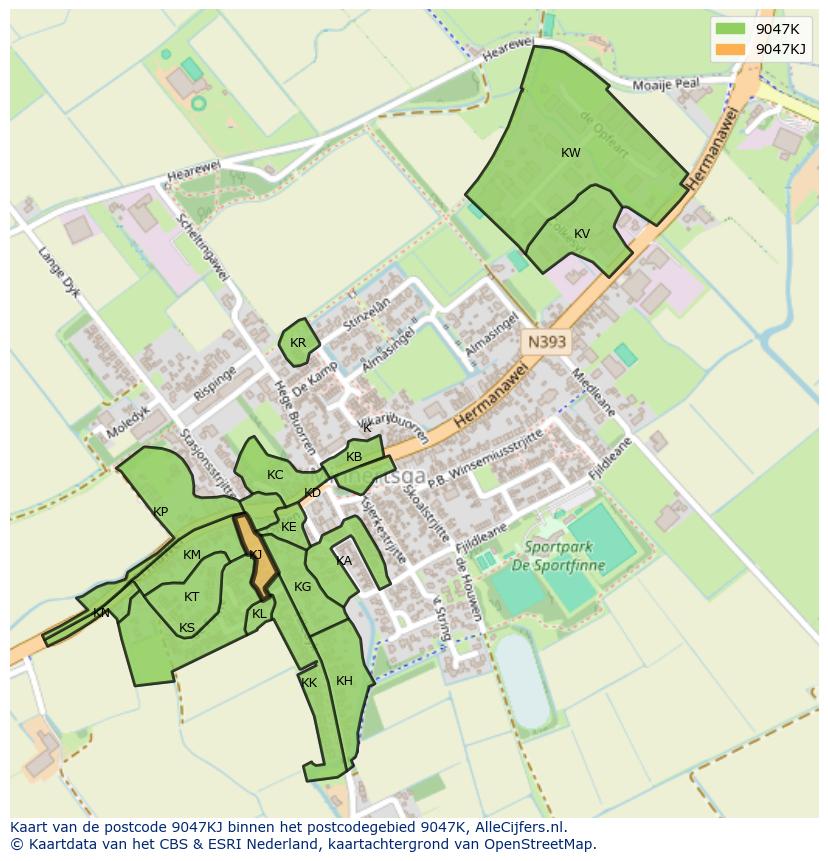 Afbeelding van het postcodegebied 9047 KJ op de kaart.