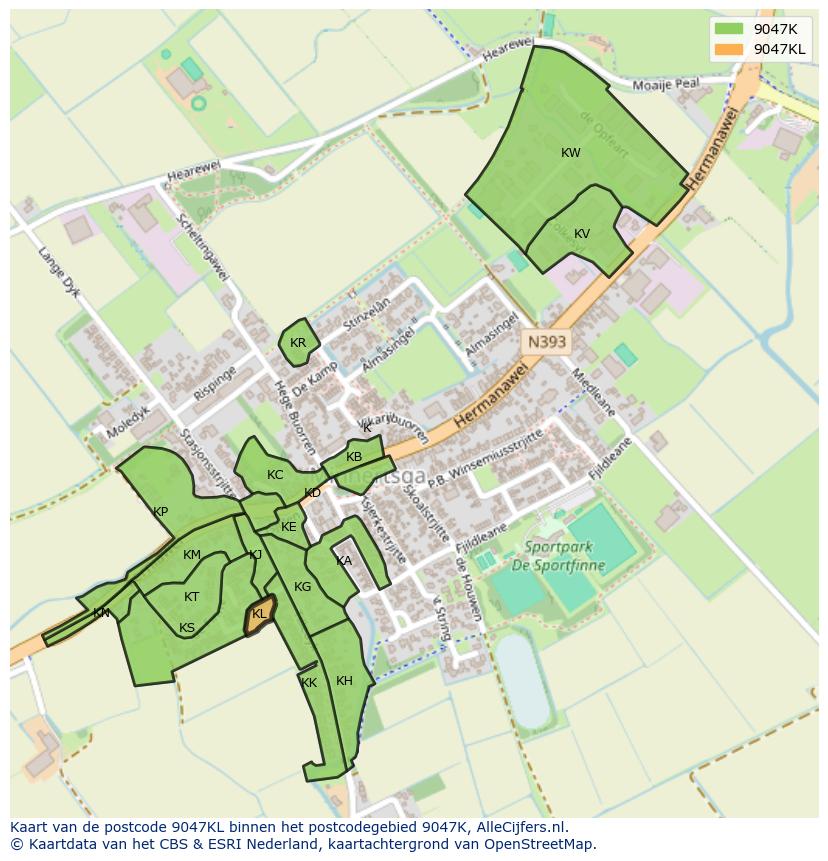 Afbeelding van het postcodegebied 9047 KL op de kaart.