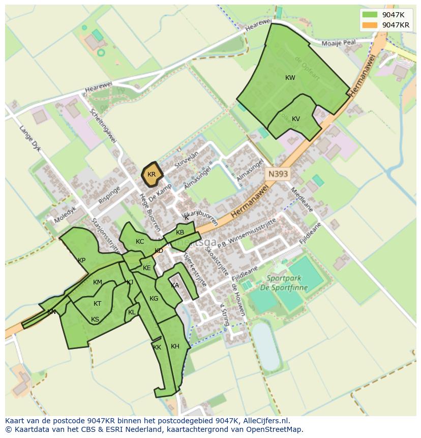 Afbeelding van het postcodegebied 9047 KR op de kaart.