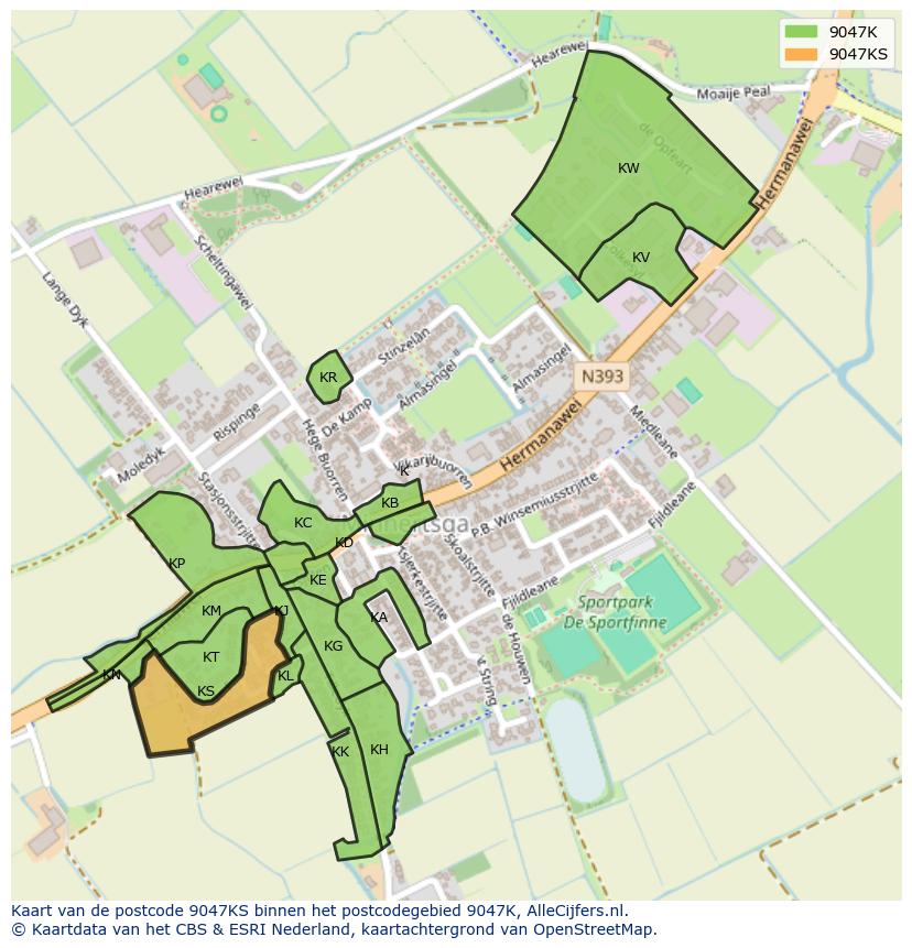 Afbeelding van het postcodegebied 9047 KS op de kaart.