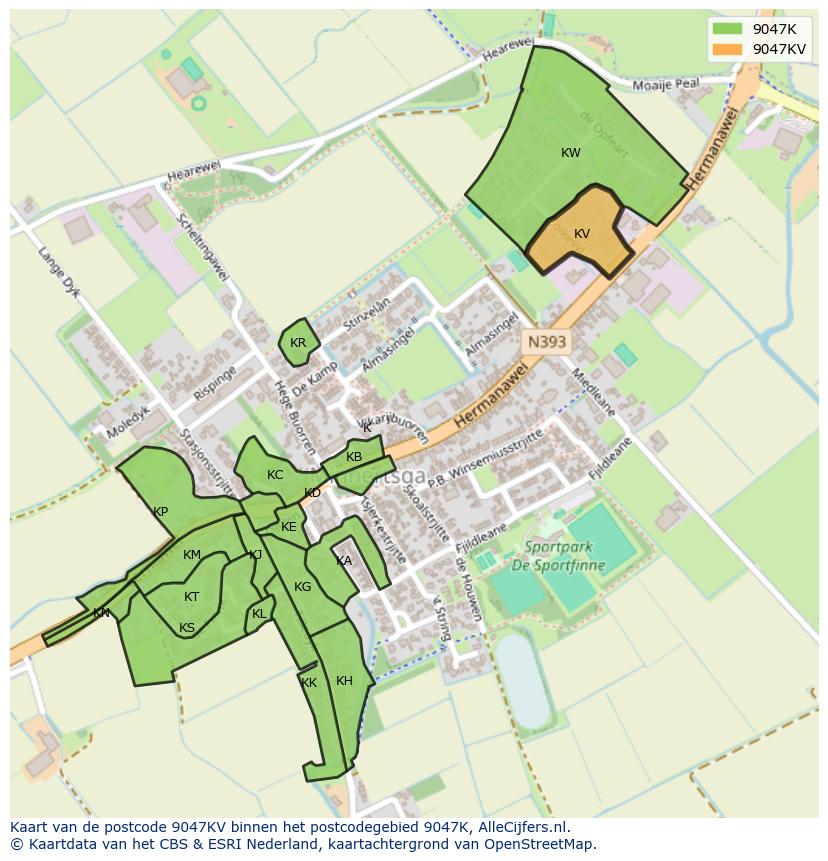 Afbeelding van het postcodegebied 9047 KV op de kaart.