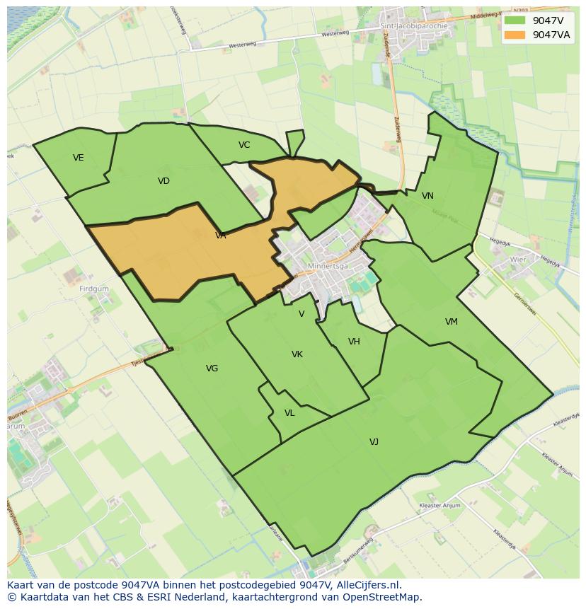 Afbeelding van het postcodegebied 9047 VA op de kaart.