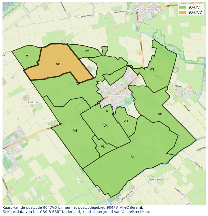 Afbeelding van het postcodegebied 9047 VD op de kaart.