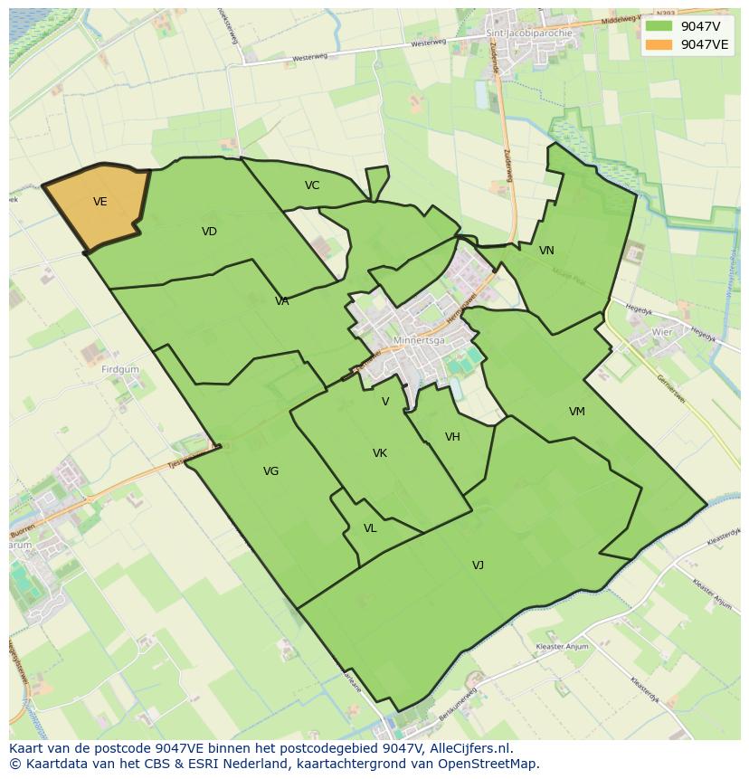 Afbeelding van het postcodegebied 9047 VE op de kaart.