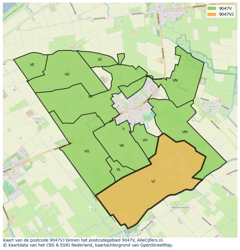 Afbeelding van het postcodegebied 9047 VJ op de kaart.