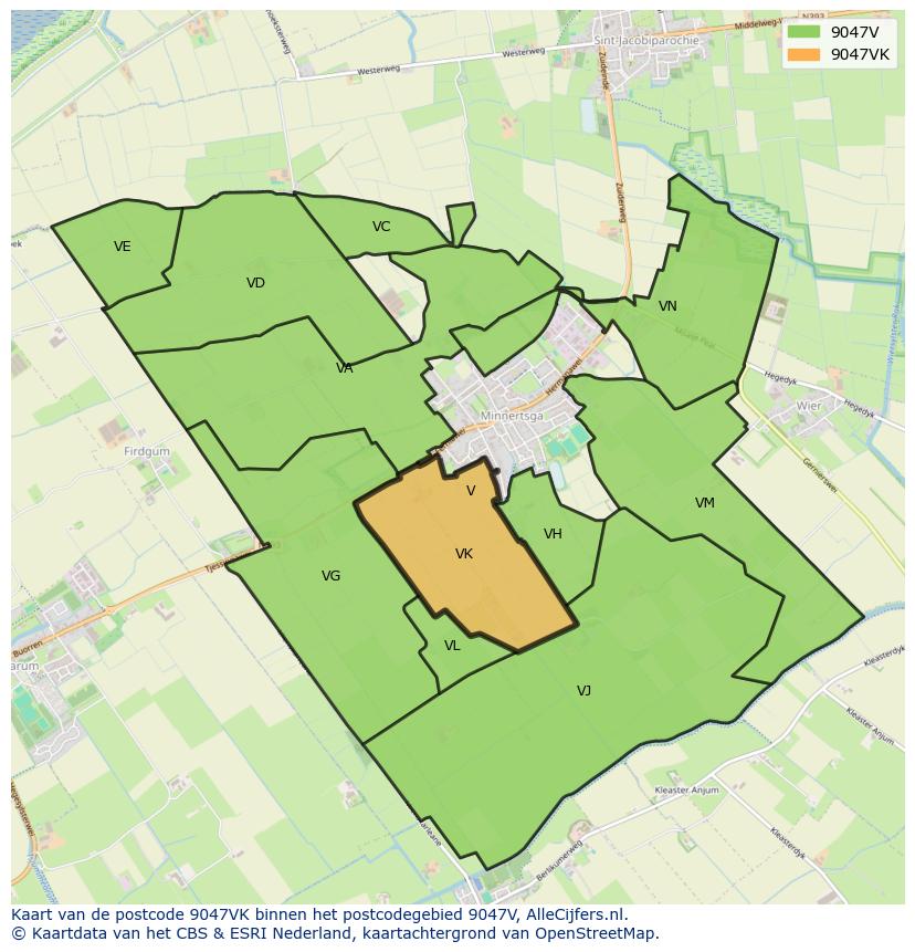Afbeelding van het postcodegebied 9047 VK op de kaart.