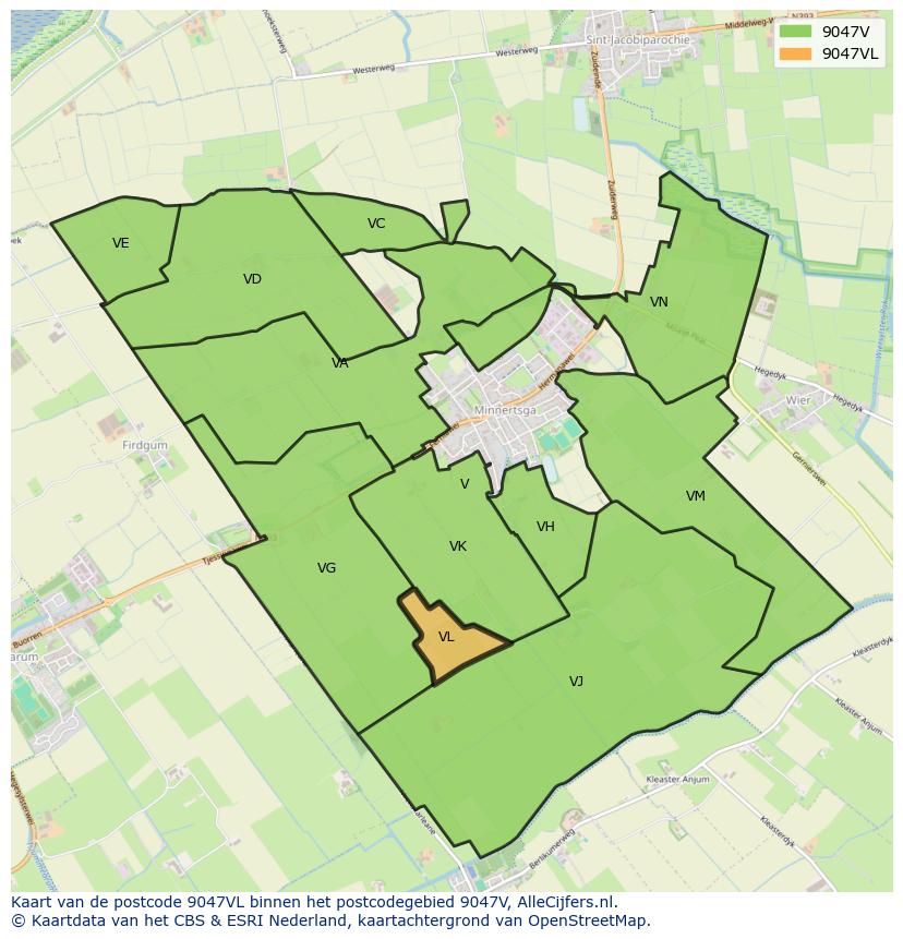 Afbeelding van het postcodegebied 9047 VL op de kaart.