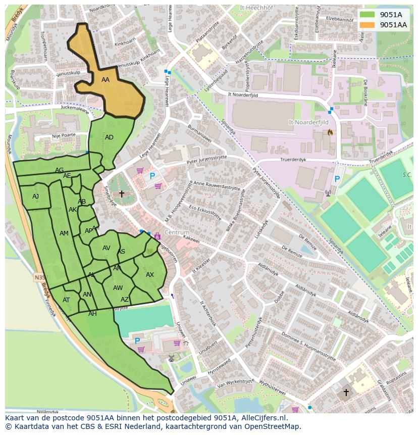 Afbeelding van het postcodegebied 9051 AA op de kaart.