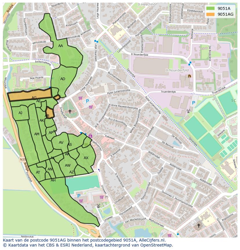 Afbeelding van het postcodegebied 9051 AG op de kaart.