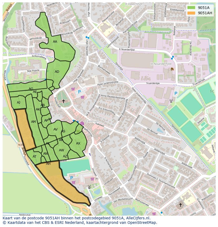 Afbeelding van het postcodegebied 9051 AH op de kaart.