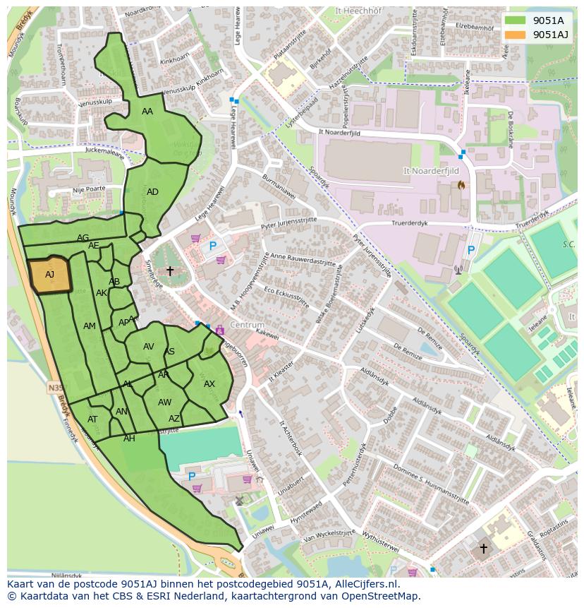 Afbeelding van het postcodegebied 9051 AJ op de kaart.