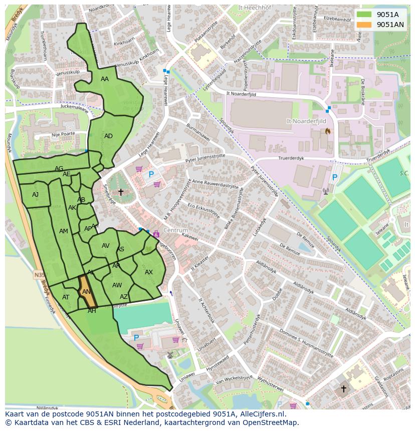 Afbeelding van het postcodegebied 9051 AN op de kaart.