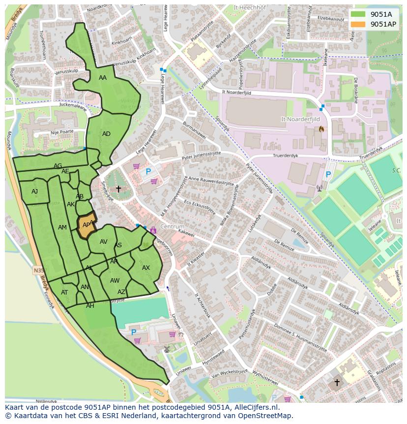 Afbeelding van het postcodegebied 9051 AP op de kaart.