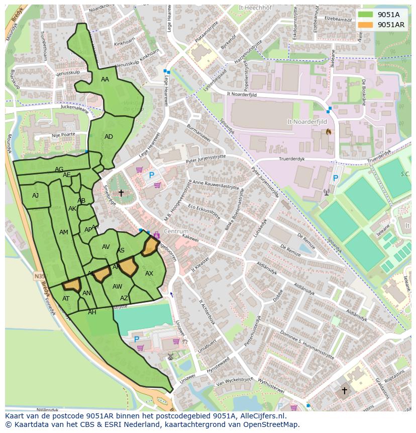 Afbeelding van het postcodegebied 9051 AR op de kaart.
