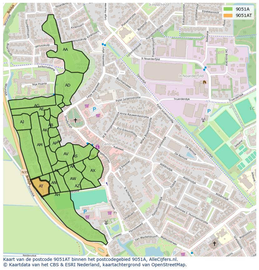 Afbeelding van het postcodegebied 9051 AT op de kaart.