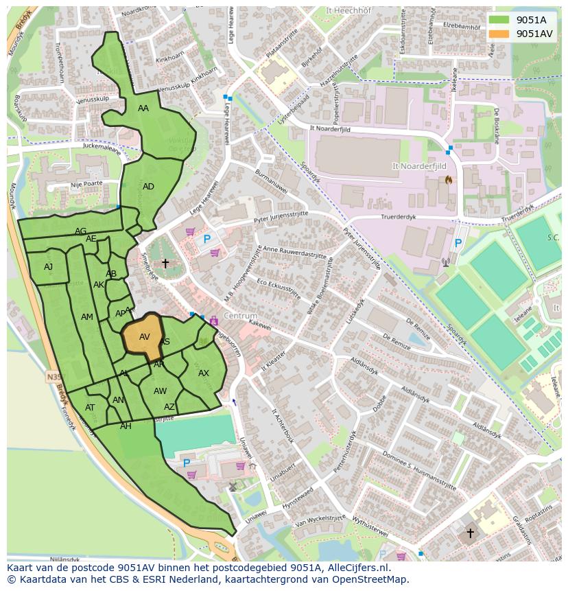 Afbeelding van het postcodegebied 9051 AV op de kaart.