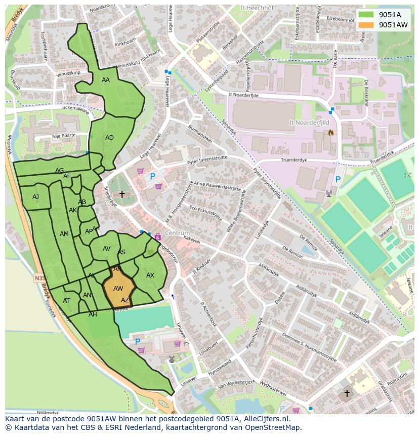 Afbeelding van het postcodegebied 9051 AW op de kaart.