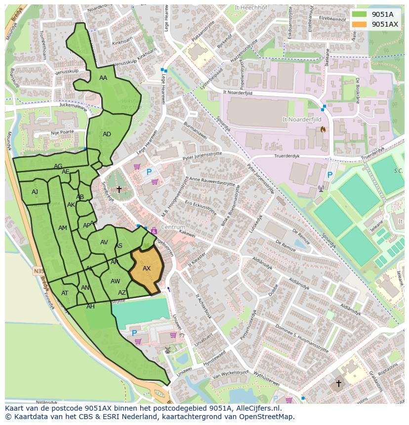 Afbeelding van het postcodegebied 9051 AX op de kaart.
