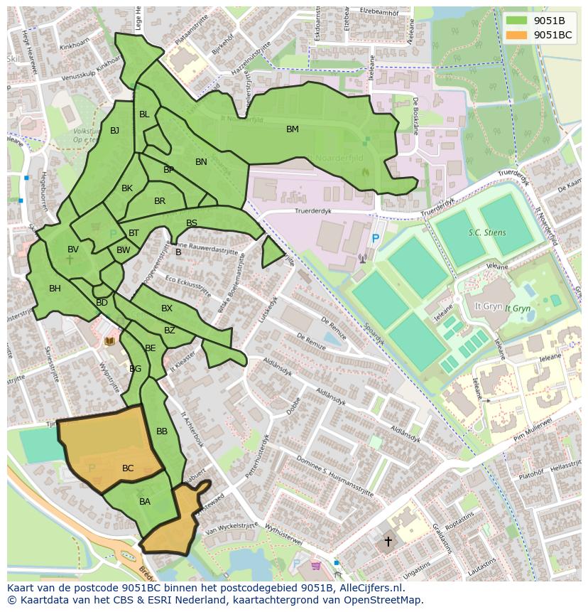Afbeelding van het postcodegebied 9051 BC op de kaart.