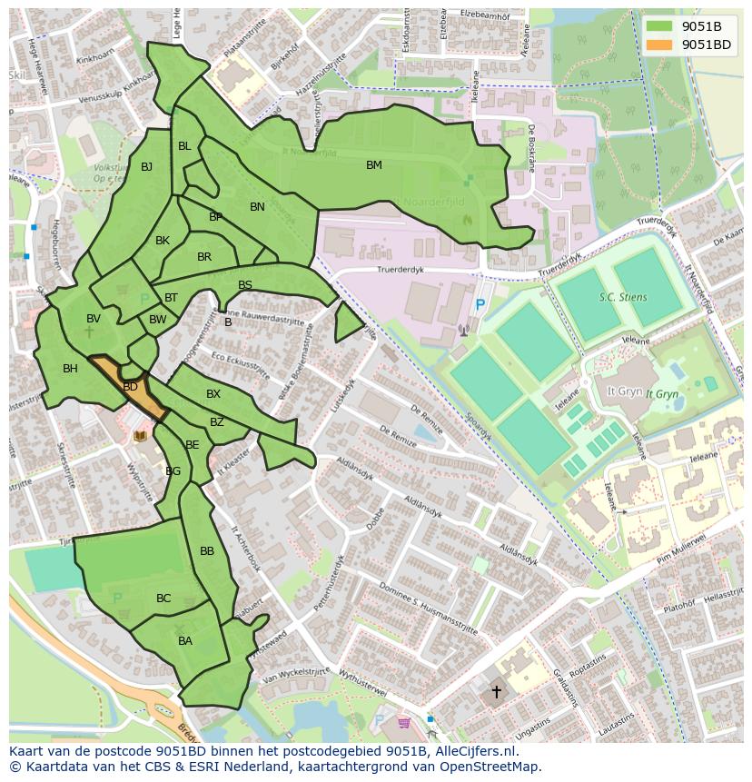 Afbeelding van het postcodegebied 9051 BD op de kaart.