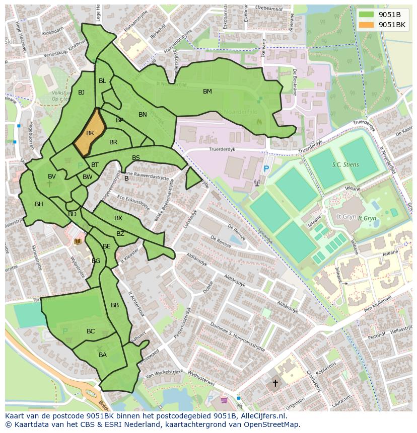 Afbeelding van het postcodegebied 9051 BK op de kaart.