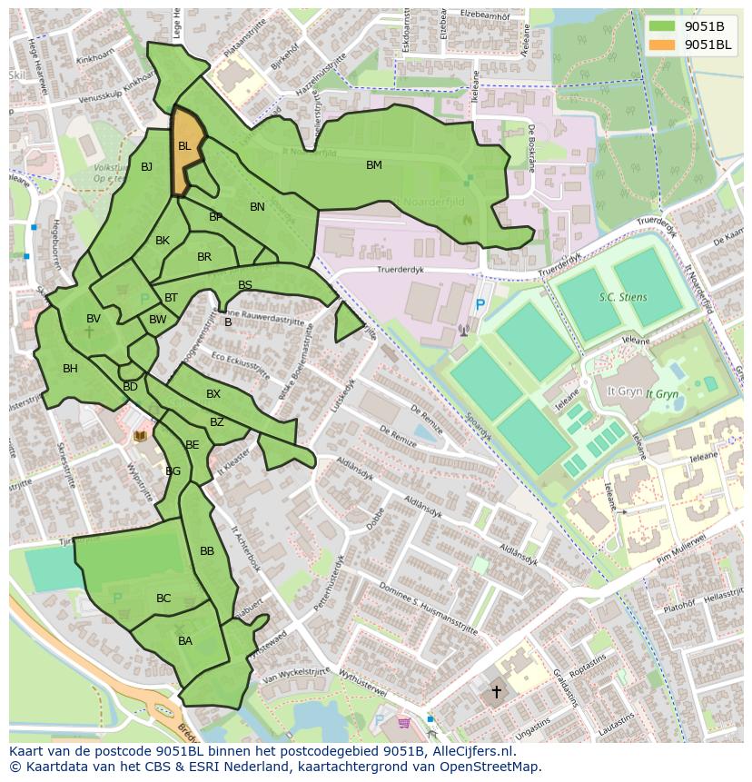 Afbeelding van het postcodegebied 9051 BL op de kaart.