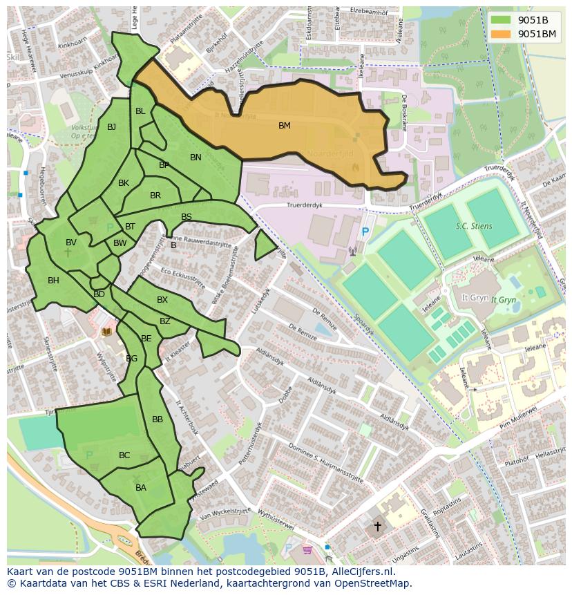 Afbeelding van het postcodegebied 9051 BM op de kaart.