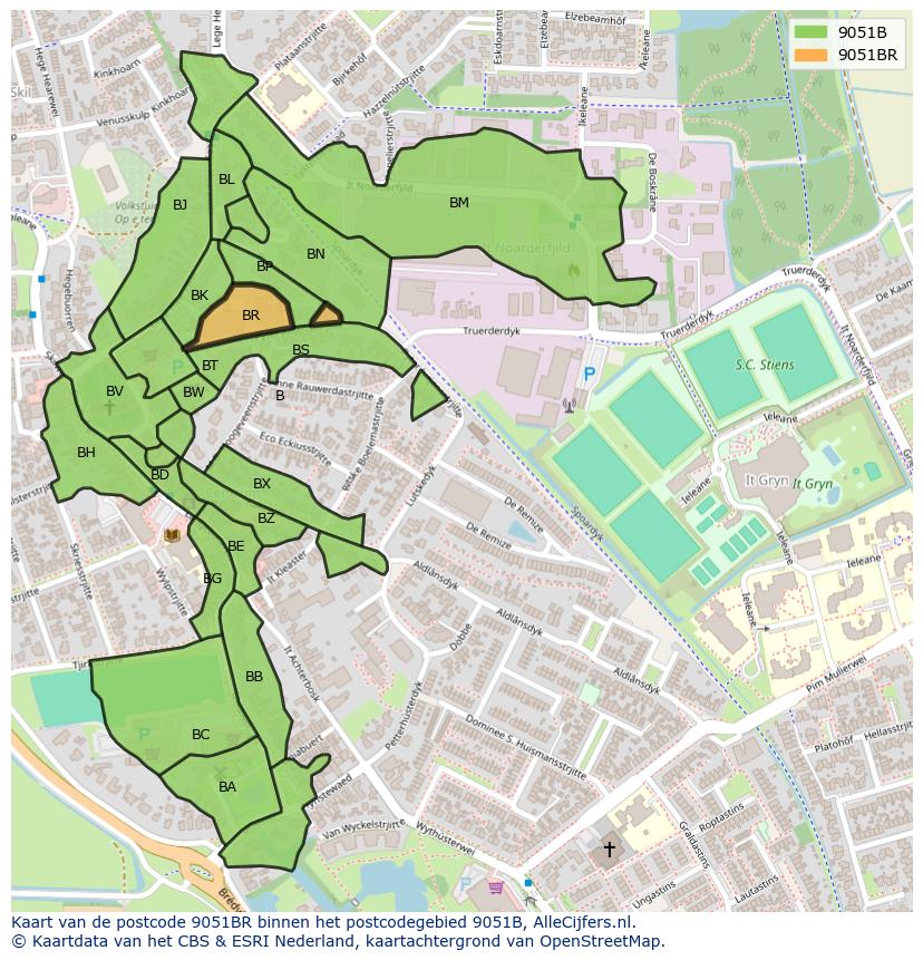 Afbeelding van het postcodegebied 9051 BR op de kaart.
