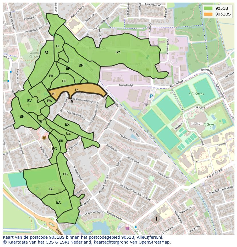 Afbeelding van het postcodegebied 9051 BS op de kaart.